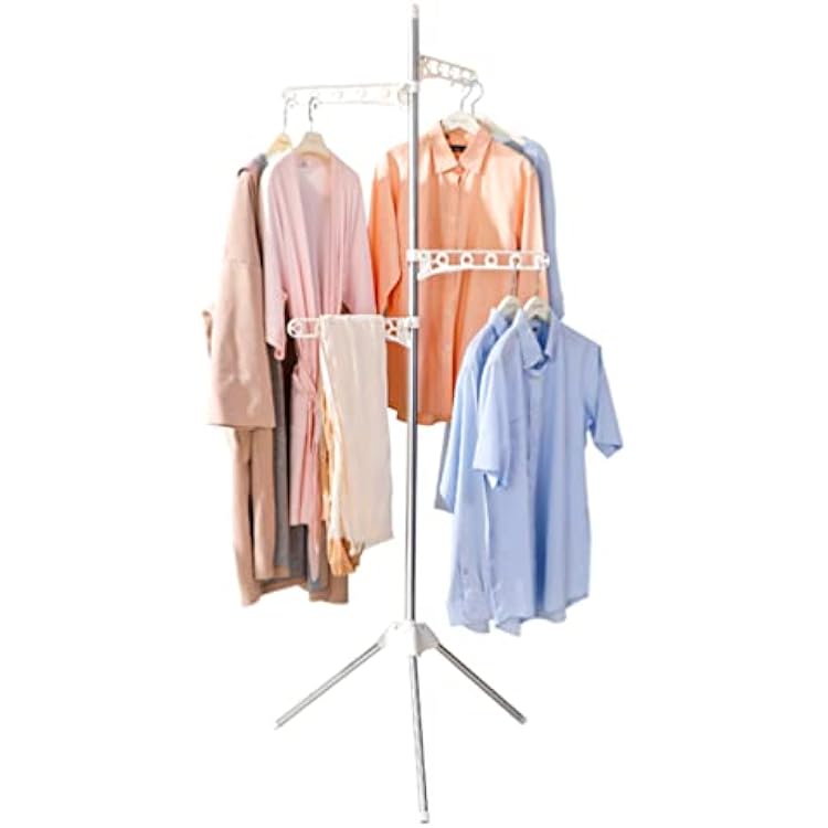 BAOYOUNI Foldable Clothes Drying Rack Collapsible Tripod Coat Hanger Corner Garment Storage Shelf Stand Portable Laundry Organizer Indoor Outdoor with 4 Adjustable Arms - Ivory