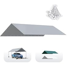 Quictent Carport Replacement Tarp Canopy Top Cover with Bungees Balls, for 10x20 ft Garage Party Tent Shelter - Gray, One Roof Only