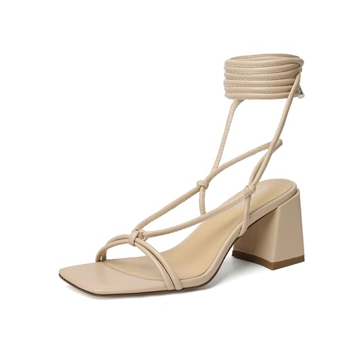 vivianly Womens Lace Up Chunky Heel Sandals Strappy Straps Ankle Wrap Heels