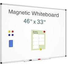 Magnetic Dry Erase Whiteboard - 46 x 33 Inch White Board - 4 x 3 Large Wall-Mounted Board with Silver Aluminum Frame, 1 Magnetic Eraser, 2 Pens, Detachable Marker Tray, 6 Magnets