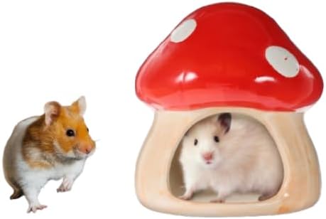 Ceramic Hamster Habitat Hideout - Red Mushroom Hamster House, Small Animals Cool Habitats Bed for Dwarf Hamster Mice Gerbils