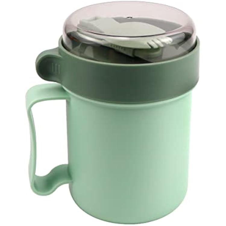 Microwaveable Breakfast Cup with Lid and Spoon,500ml Portable Soup Mug with Handles for School Office Outdoor Travel Green
