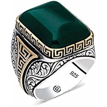 Silver Green Agate Stone Cornered Men's Ring 25