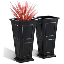 26" Tall Metallic Planter Set of 2, Black Taper Planters with Removable Partition Drainage Holes, Large Outdoor Planter for Front Porch, Garden, Patio, Balcony, Classic Estate Design, All-Weather Use