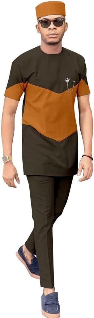 African Men's Formal Clothes Outfits Traditional Short Sleeve Dashiki Shirt and Pant Hat 3 Piece Suit Tracksuit (Color : Style 3, Size : Medium)