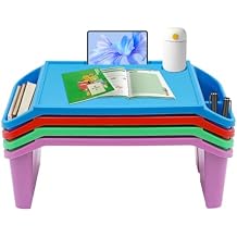 4 Pcs Kids Lap Desk Tray with Storage, Plastic Breakfast Laptop Trays with Side Pockets and Slot, Portable Lap Bed Table Bed Trays for Writing Eating Game Classroom Snacks Boy Girl