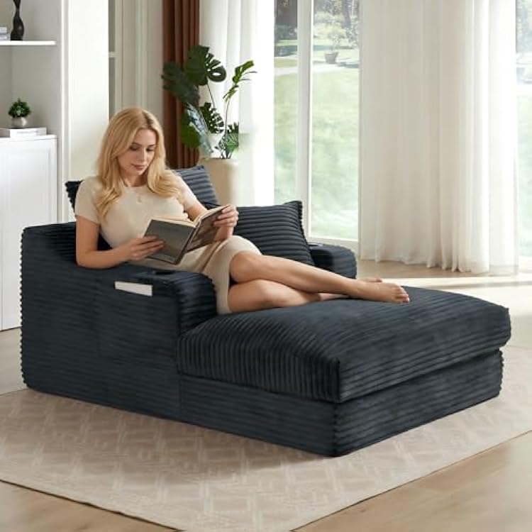 JJJ 67 Oversized Chaise Lounge Chair Indoor - Boneless Lounge Chair with 2 Cup Holders and 2 Storage Pockets, Deep Seat Reading Chairs for Living Room, Bedroom, Apartment, Office Single, Dark Gray
