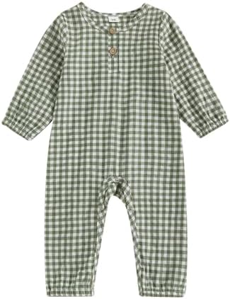 Honganda Newborn Baby Girl Boy Plaid Jumpsuit Long Sleeve Button Romper Playsuit Fall One Piece Outfit 0-18M
