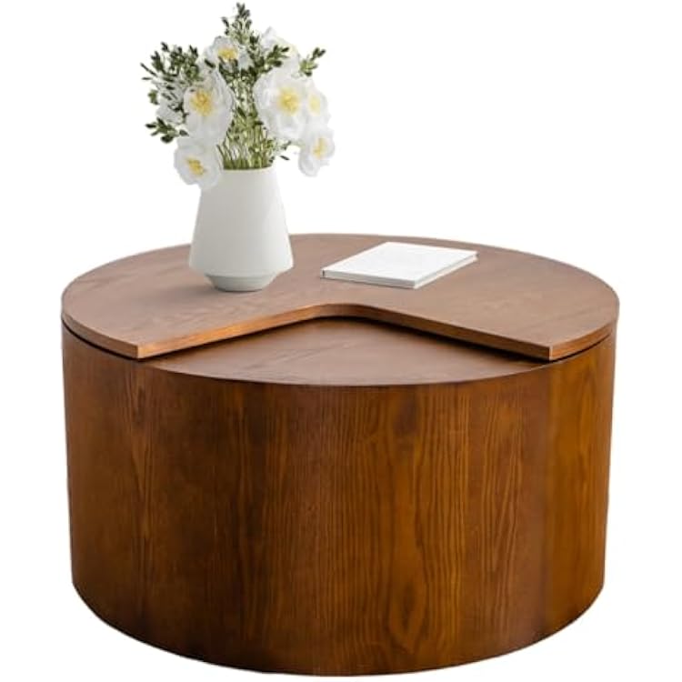 Small Round Coffee Table with Storage 27.16 Wooden Drum Coffee Table with 360 Rotating Tabletop Mid Century Modern Center Table for Living Room Small Space Apartment Office Walnut