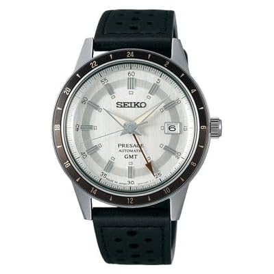 Seiko Mens Grey Dial Black Leather Band Presage Automatic GMT Analog Watch