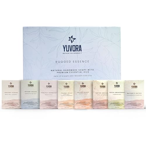 8 Pcs Men Natural Handmade Body Soaps 5 OZ Pack Set Rugged Essence Long lasting Fragrance Luxurious Scents with Natural Ingredients Sulfate & Paraben Free, Vegan Soaps