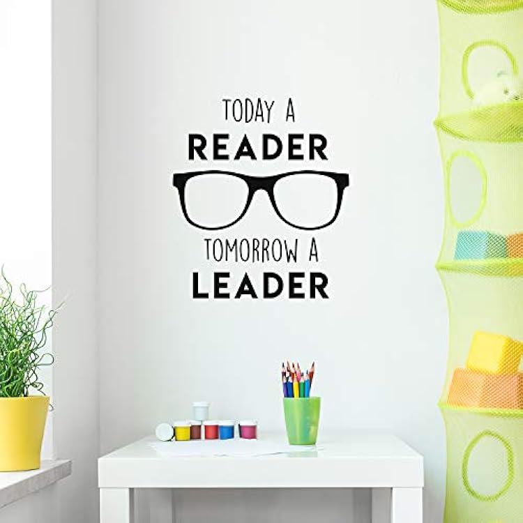 Vinyl Wall Art Decal - Today A Reader, Tomorrow A Leader - 25 x 22 - Trendy Motivational Optimistic Glasses Design Quote Sticker for Books Lovers Library Classroom Playroom Kids Room Decor Black