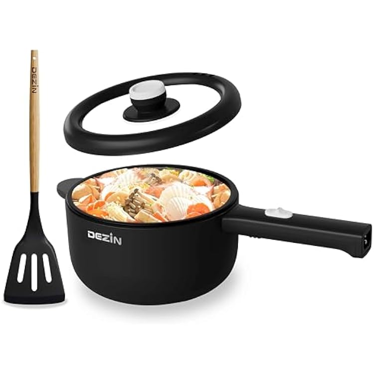 Dezin Hot Pot Electric, 2L Non-Stick Saute Pan, Rapid Noodles Cooker, Mini Portable Pot for Steak, Egg, Fried Rice, Ramen, Oatmeal, Soup with Power Adjustment & Spatula, College Dorm Room Essential