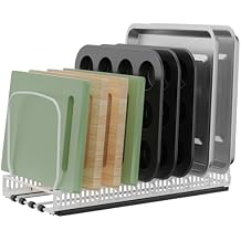 Housolution 1 Pack Baking Tray and Cookie Sheet Organizer, Cutting Board Organizer with 2 Using Methods, Bakeware Muffin Tin Storage Rack with 10 Adjustable Dividers for Cabinet, White