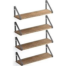Wallniture Ponza Floating Shelves Wall Mounted Set of 4, Wall Shelves for Bedroom, Bathroom, Living Room, Kitchen, Natural Burnt Rustic Wood Board with Metal Floating Shelf Bracket