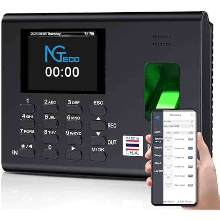 NGTeco APP Time Clock for Employees Small Business, Automatic Fingerprint Clock in and Out Machine with Battery, 2.4GHz WiFi, iOS&Android, No Monthly Fee