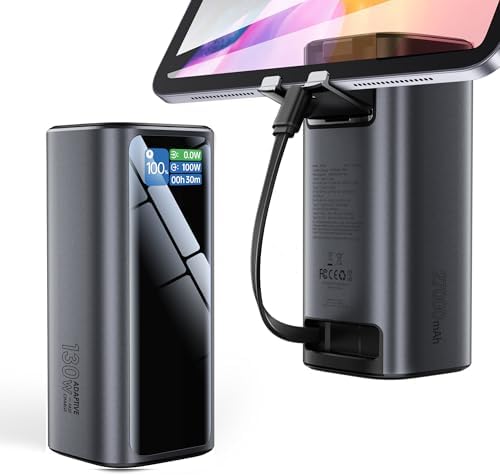 Laptop Power Bank, 130W Portable Charger with Dual Ports & Built-in Retractable Cable, 27000mAh Portable Power Bank with Smart Digital Display, for iPhone 171615 ProPro Max Series, MacBook, Android
