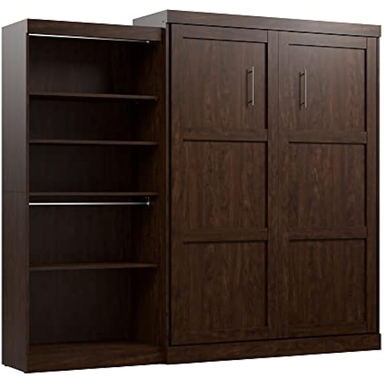 Bestar Pur Queen Murphy Bed with Closet Organizer, Chocolate Brown 101-inch Space-Saving Wall Bed for Multipurpose Room with Closet Cabinet