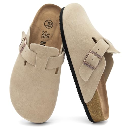 Womens Suede Clogs Mens Slip-On Mules Non-Slip Potato Shoes Arch Support Sandals with Adjustable Buckle for Indoor & Outdoor Use