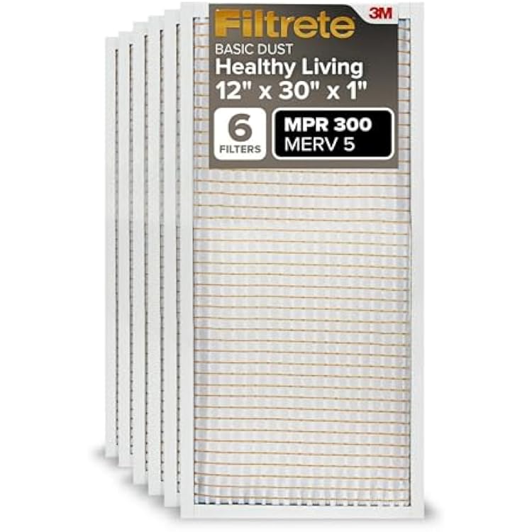 Filtrete 12x30x1 Air Filter MERV 5, 6-Pack AC Furnace Filters for Home HVAC, MPR 300 Basic Dust Defense, Removes Lint & Household Dust, 3-Month Pleated Electrostatic Actual Size 11.81x29.81x0.81 in