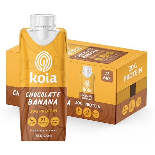 Koia Plant Based Protein Shake, Chocolate Banana, 20g Protein, 5g Sugar, 6g Prebiotic Fiber, 21 Vitamins & Minerals, Meal Replacement Drinks, Dairy-Free, Gluten-Free, Non-GMO, 11 Fl Oz Pack of 12