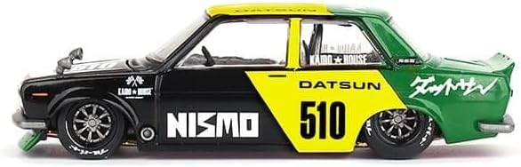Real Scale Miniature Model Car Compatible with Datsun Street 510 Racing V2 - Black, Yellow and Green Nismo 1/64 Diecast Model Car Kaido House KHMG131