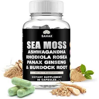 SAHAK Organic Sea Moss Capsules with Ashwagandha, Rhodiola, Panax Ginseng & Burdock Root 90 Vegan Capsules, Lab Tested | Irish Sea Moss Complex for Daily Wellness, Energy & Skin Support