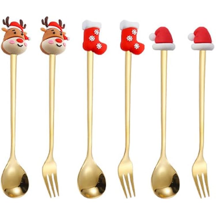 Unoschrim 6Pcs Christmas Forks and Spoons Set Christmas Coffee Spoon Stainless Steel Gold Tea Spoons Dessert Spoon Fruit Fork for Dessert Tea Soup Dinner Party Supplies-3 Styles