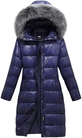 GGleaf Womens Long Winter Jacket Metallic Shiny Puffer Warm Coat With Faux Fur Detachable Hood