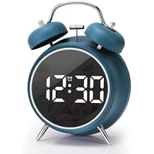 JUSTUP Digital Small Alarm Clock, 4.5 Inch Double Bell Electronic LED Alarm Clock, Plug in or Battery Operated Silent Metal Table Clock, Bedside Loud Bell Clock for Heavy Sleepers Adults Kids (Blue)
