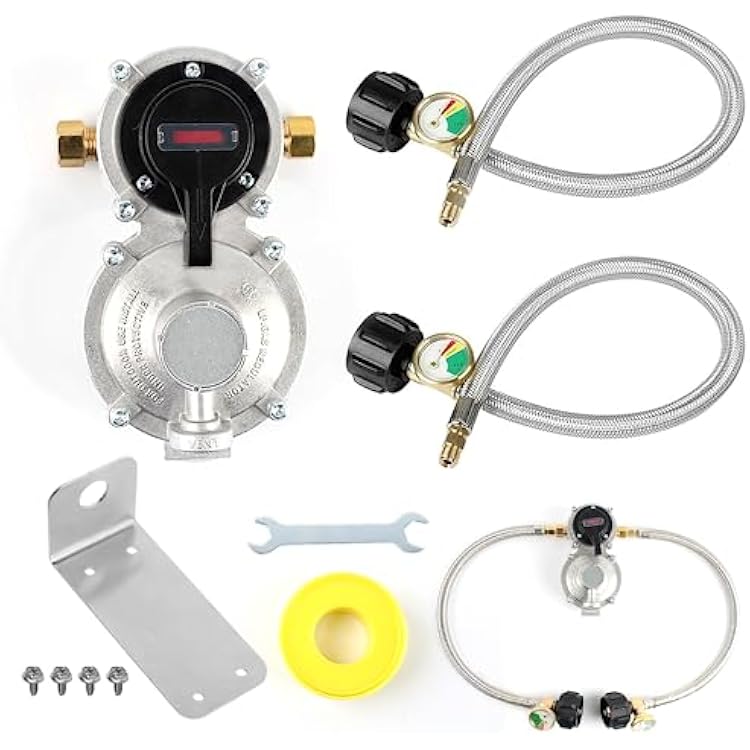 Samplife RV Propane Regulator 2 Tank-2-Stage Auto Changeover LP Propane Regulator for RV Includes Gauge and 2X 18 Pigtail Propane Hoses,Ideal for Trailers and Camper RVs Silver