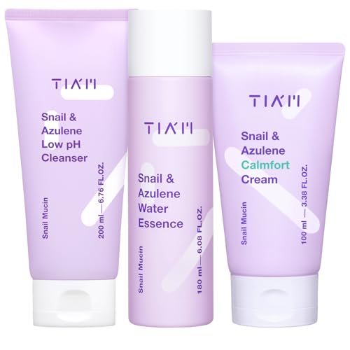 TIAM TIAM Soothing Routine Trio: Snail & Azulene Low pH Cleanser, Water Essence & Calmfort Cream, Korean Skin Care Set