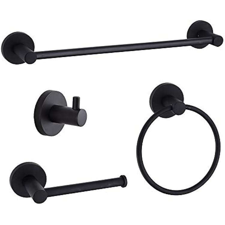 4-Piece Bathroom Hardware Set Black Wall Mounted, Robe Hook, Wall Toilet Paper Holder, Towel Ring, Adjustable Towel Bar18-24,Bathroom Accessories Black Painted