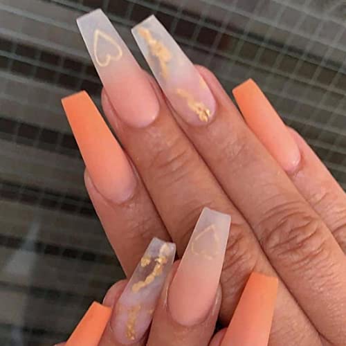 24PCS Orange Gradient False Nails Extra Long Coffin Fake Nails Matte Love Ballerina Nail Tips with Gold Glitter Artificial Fingersnails for Daily Wear