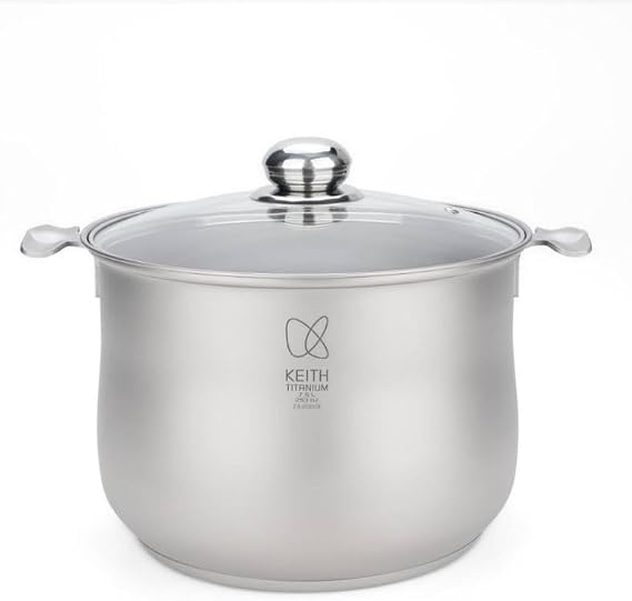 KEITH Ti8302 Titanium-Lined Stock Pot, 7.5L Large Capacity Family Cooking Pot with Tri-Ply Base, Induction Compatible, Tempered Glass Lid, No Coating, No Chemical Linings