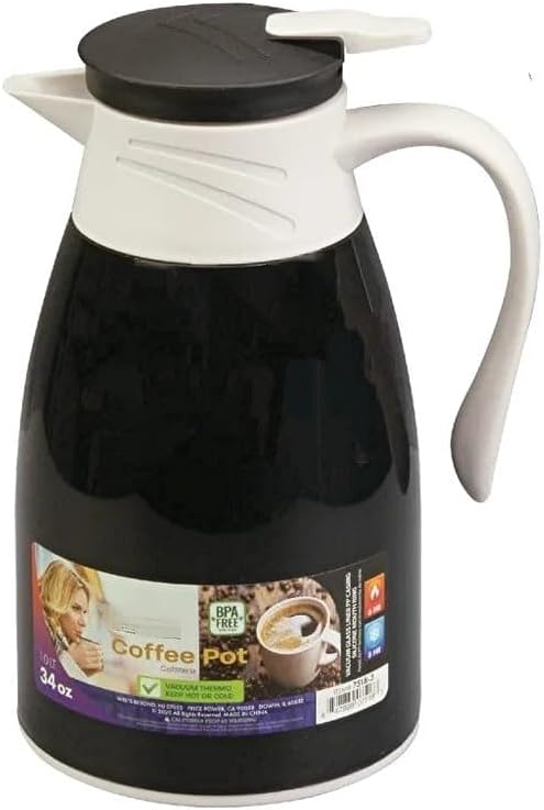 Insulated Thermal Coffee Carafe 1L (34 oz) Vacuum Flask with Push-Button Dispenser | Hot & Cold Beverage Pitcher with Vacuum Glass Liner, BPA-Free Plastic Exterior (Black)