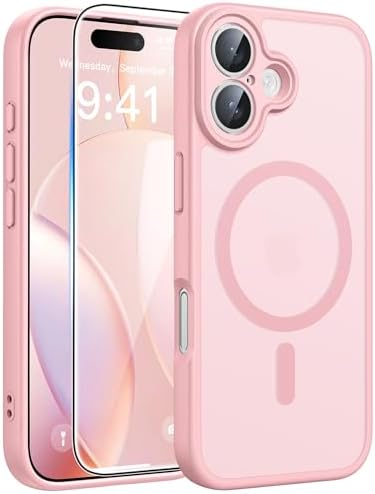 FNTCASE for iPhone 16 Case: [Compatible with Magsafe] Translucent Matte Cases with [Full Camera Protection] [Screen Protector] Military Grade Shockproof Protective Phone Cover - Light Pink