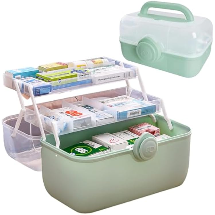Plastic Medical Box First Aid Storage Containers 3-Tier Fold Tray with Removable Pill Case Family Empty Medication Organizer with Handled for Home, Medical Facility, School and Travel-Cyan-2