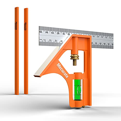 Mecurate 6 Combination Square, 6 Inch 150mm Stainless Steel Combo Square for Accurate and Adjustable Woodworking Measurement with 2pcs Carpentery Pencils