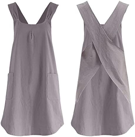 Soft Cotton Linen Apron Cross Back Aprons with 2 Pockets Womens Pinafore Square Apron Garden Smock for Baking Cooking Grey
