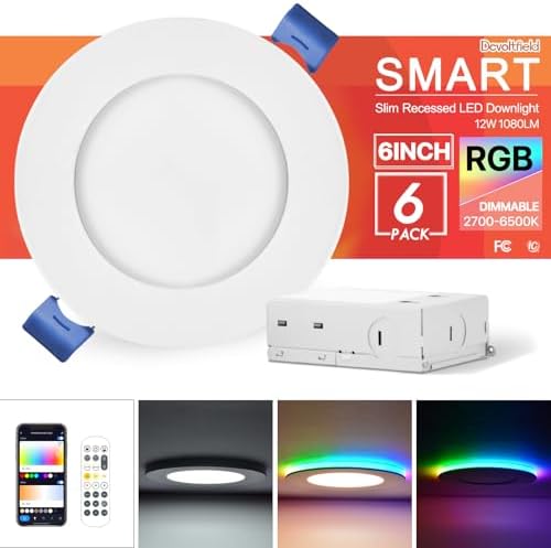 6Pack Smart RGB Recessed Light 6Inch,Ultra-Thin Canless LED Downlight,2.4GHz Wi-Fi Bluetooth Direct Connect,2700K-6500K,12W,1080LM,Work with AppAlexaGoogle AssistantSiri