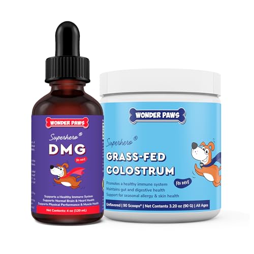 WONDER PAWS Premium DMG Liquid Plus Grass-Fed Colostrum Powder - for Dog Immune Support, Allergy, Skin Health & Overall Wellness DMG Liquid 4 Ounces - Colostrum Powder 3.20 Ounces