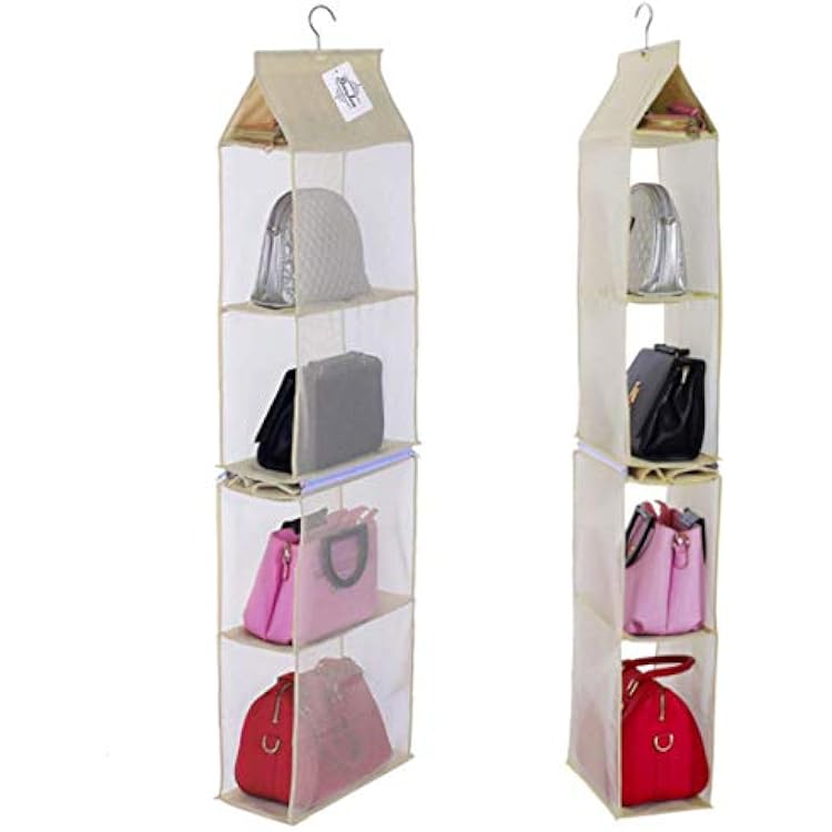 Detachable 4 Compartment Pouch Hanging Handbag Organizer Clear Purse Bag Storage Holder Wardrobe Closet Space Saving Organizers System for Living Room BedroomPack of 2 Beige