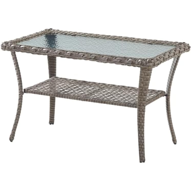 Belord 38 Inch Outdoor Coffee Table with 2 Tier Storage - Wicker Coffee Table with Water Ripple Texture Tempered Glass Top, All Weather Patio Coffee Table for Deck Porch Balcony Garden Gray