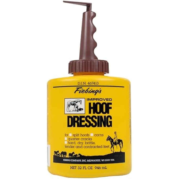 Fiebings Hoof Oil for Horses with Mineral Oil 32 oz - Hoof Dressing with Applicator Brush to Condition Dry, Split Hooves & Corns - Prevents Cracks, Splits & Contracted Feet with Semi Gloss Finish