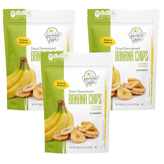 Dried Banana Chips 18 oz Pouch - 3 Pack | Sweetened Dried Fruit Slices | Ideal for Pairing with Cereals, Salads, Trail Mixes - Vegan, Keto Diet Friendly Snack, Kosher - Tasty, Natural & No Preservatives | Gourmet Grove