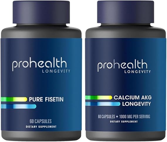 ProHealth Pure Fisetin 250mg Ca AKG Supplement Bundle | Healthy Aging, Cellular Support, Brain Health & Metabolic Function | Ultra Pure, 3rd Party Tested, GMP USA Made