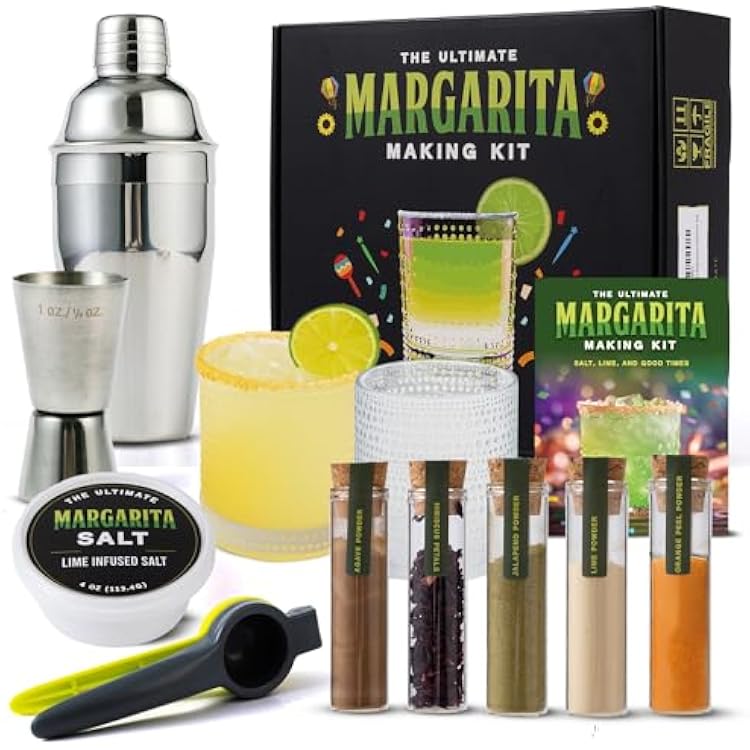 Margarita Kit Gift Set - 5 Botanicals - 2 Glasses - Stainless Steel Shaker & Jigger - Citrus Squeezer - Lime Infused Salt - Dried Lime - Recipe Book - Infusion Cocktail Kit - Valentine Gifts For Women