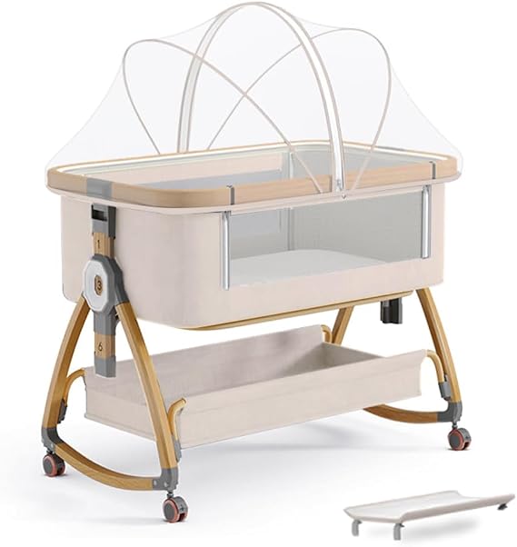 bonbay Baby Bassinet, Bedside Bassinet for Baby, 4 in 1 Portable Bassinet Bedside Sleeper with Wheels Mosquito Net & Storage Basket, 6 Height Adjustable Rocking Bassinet for Newborn Baby