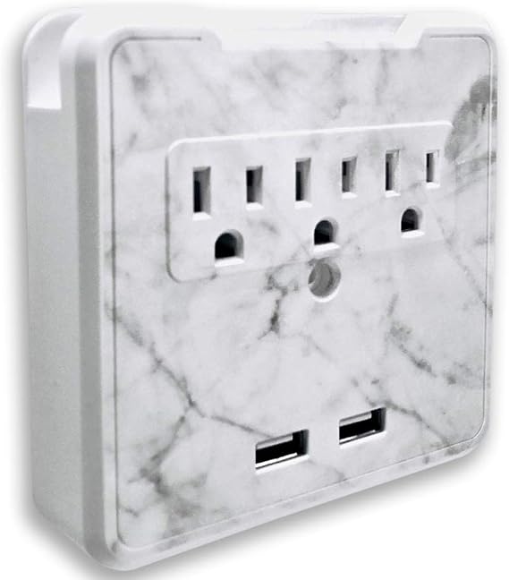 Glamsockets Decorative Wall Mount Surge Protector with 3 Outlets, Dual USB Charging Ports and Phone Holder - USB Charging Center/Multi Function Wall Tap (Carrara Marble)